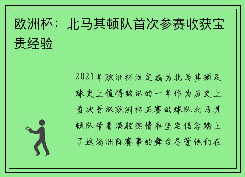 欧洲杯：北马其顿队首次参赛收获宝贵经验