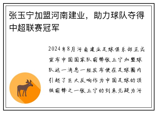 张玉宁加盟河南建业，助力球队夺得中超联赛冠军